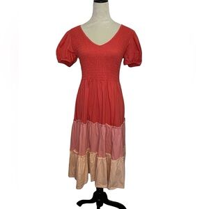 DownEast color-block ruffle smocked midi dress